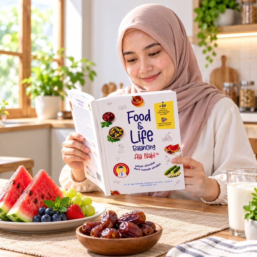 Ibu membaca buku Food and Life Balancing Ala Nabi